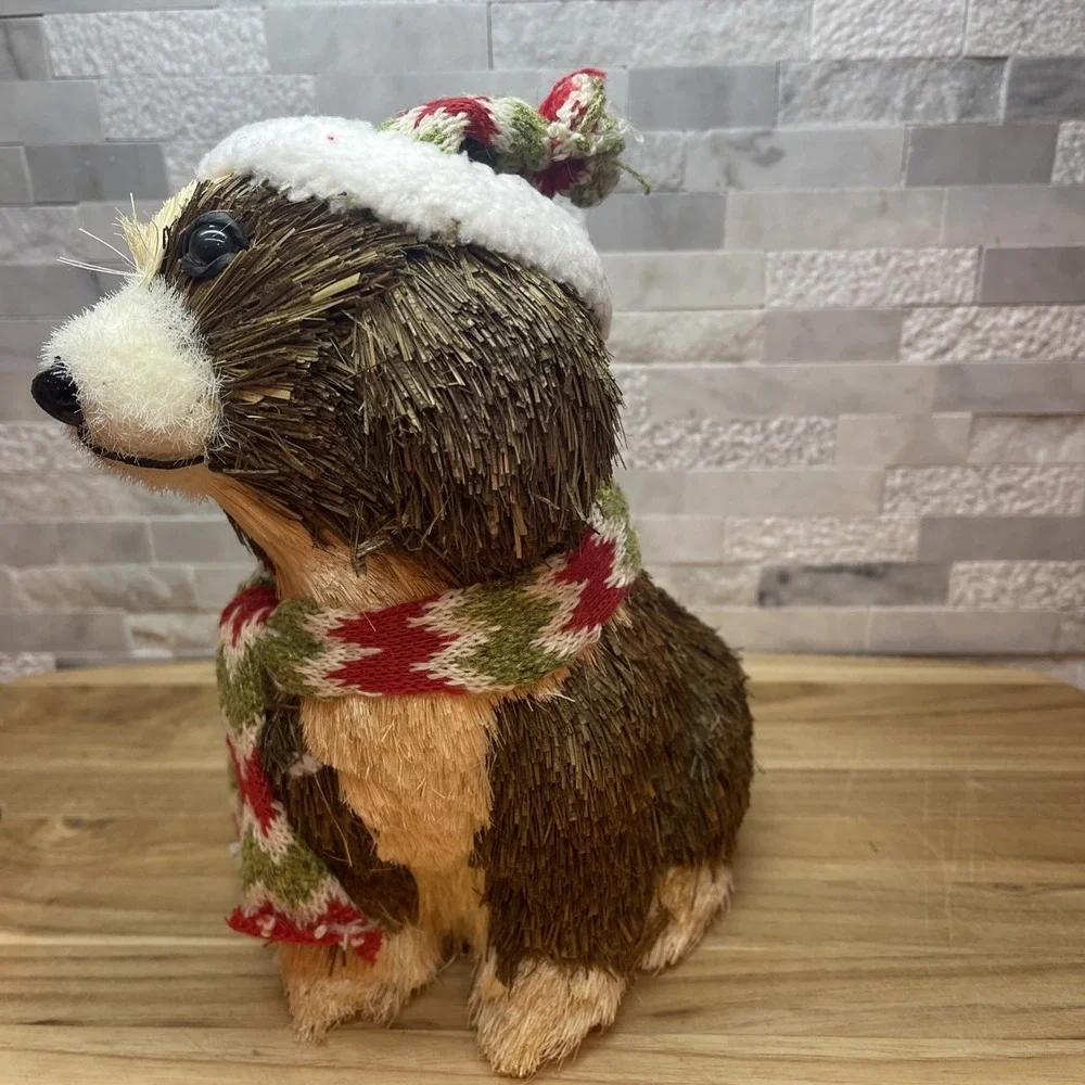 Christmas Sisal Animal Figurines Dog and Fox Holiday Decor Woodland Rustic Set 2